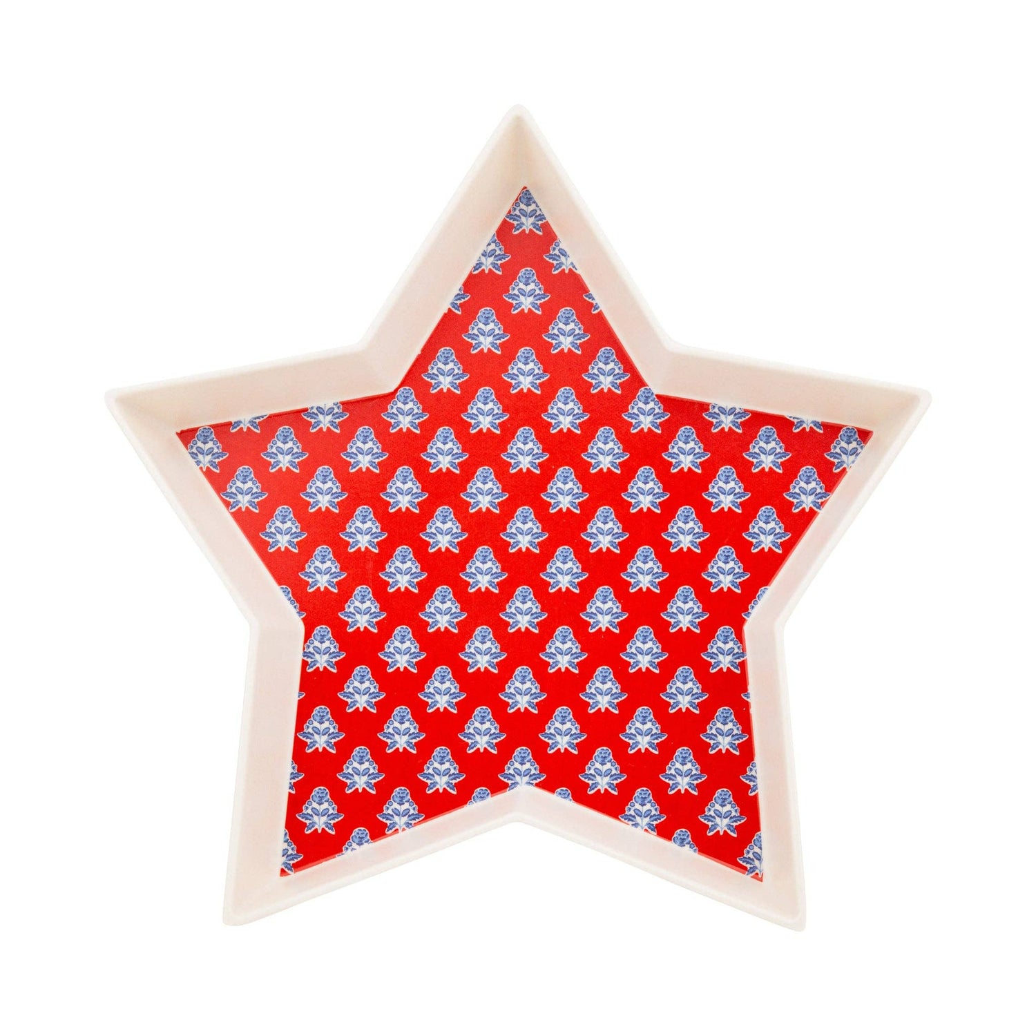 Star-shaped bamboo tray with red background and blue pattern on a white background
