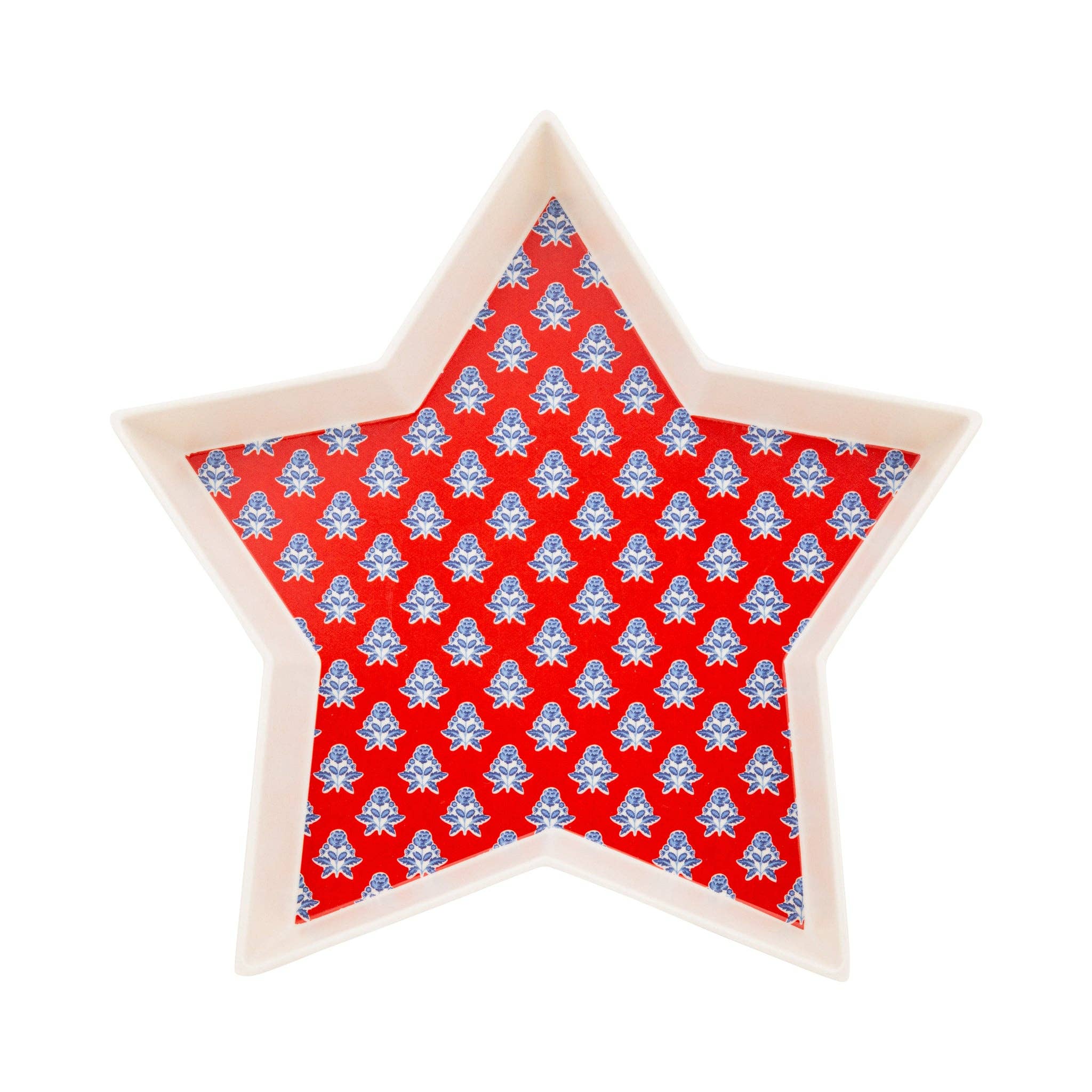 Star-shaped bamboo tray with red background and blue pattern on a white background