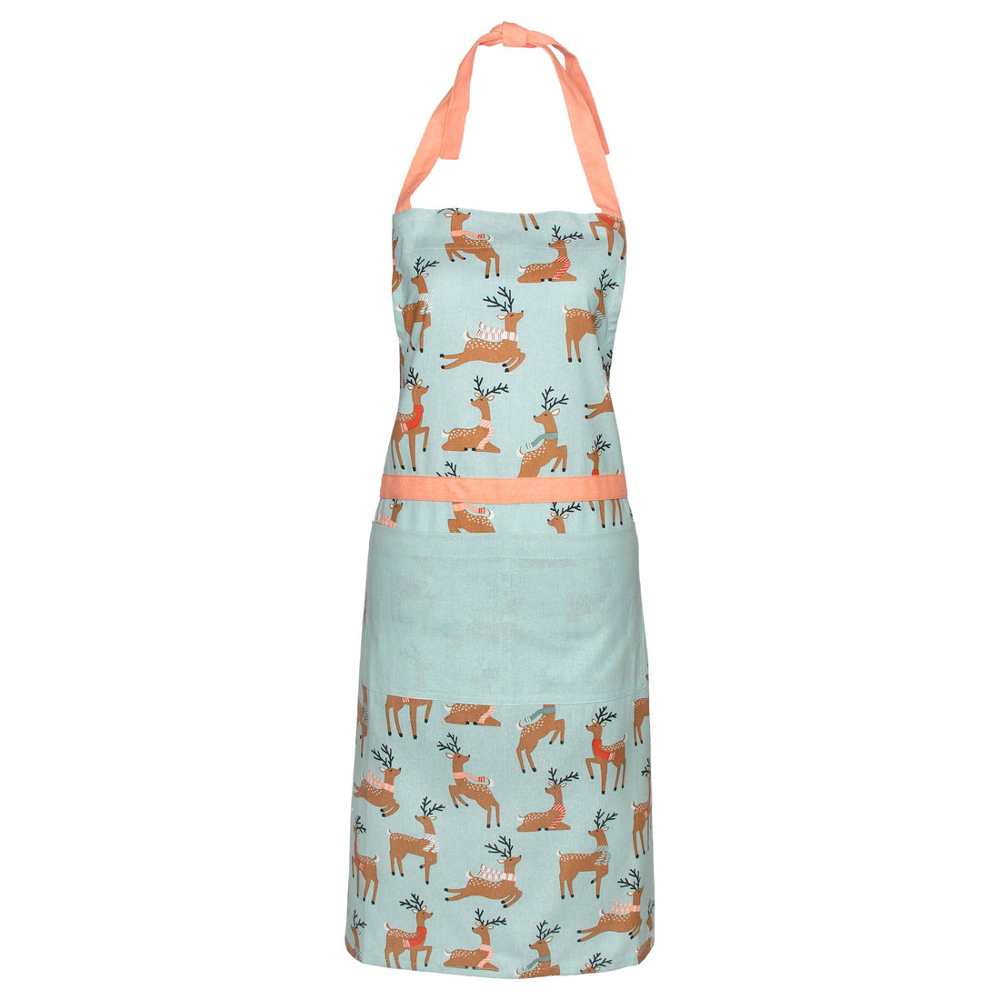 Apron with deer pattern and peach accents on a light blue background