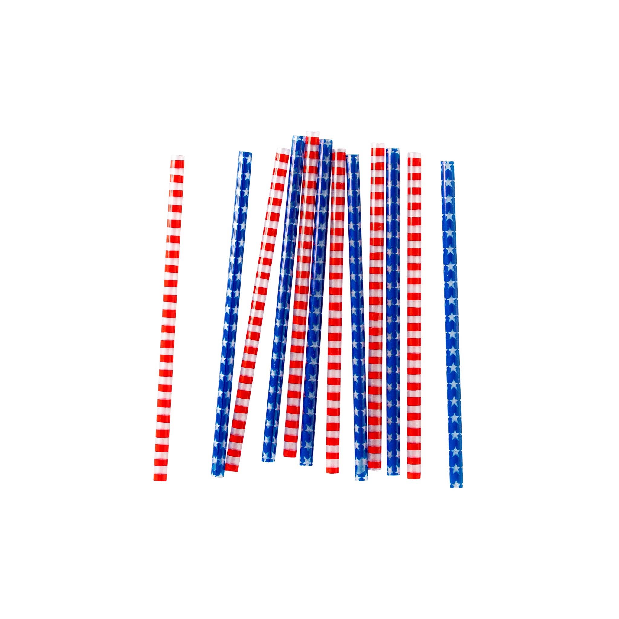 Set of red, white, and blue striped straws on a white background