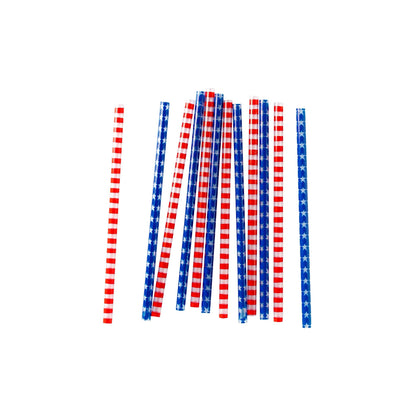 Set of red, white, and blue striped straws on a white background
