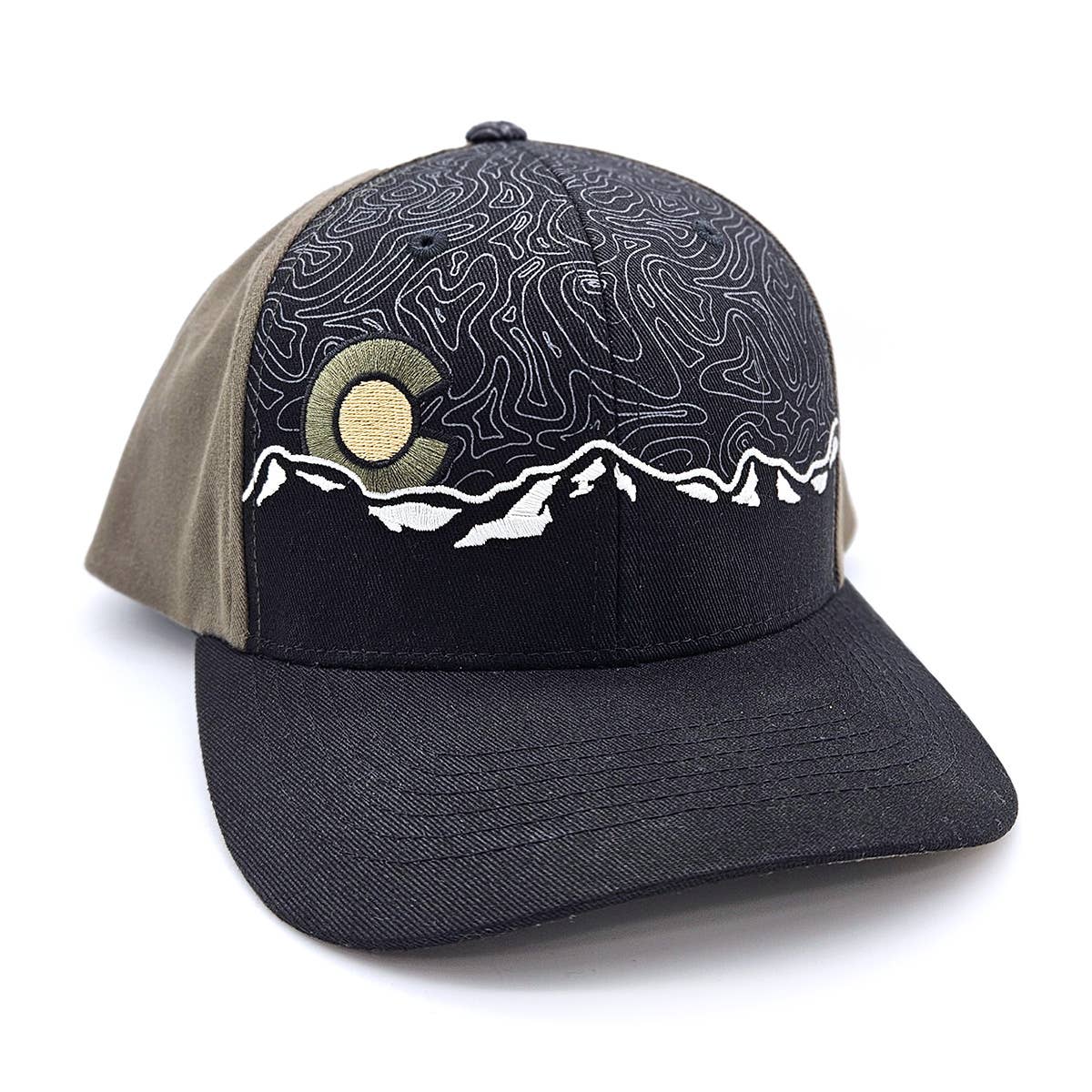 Cap with mountain and circle design on a white background