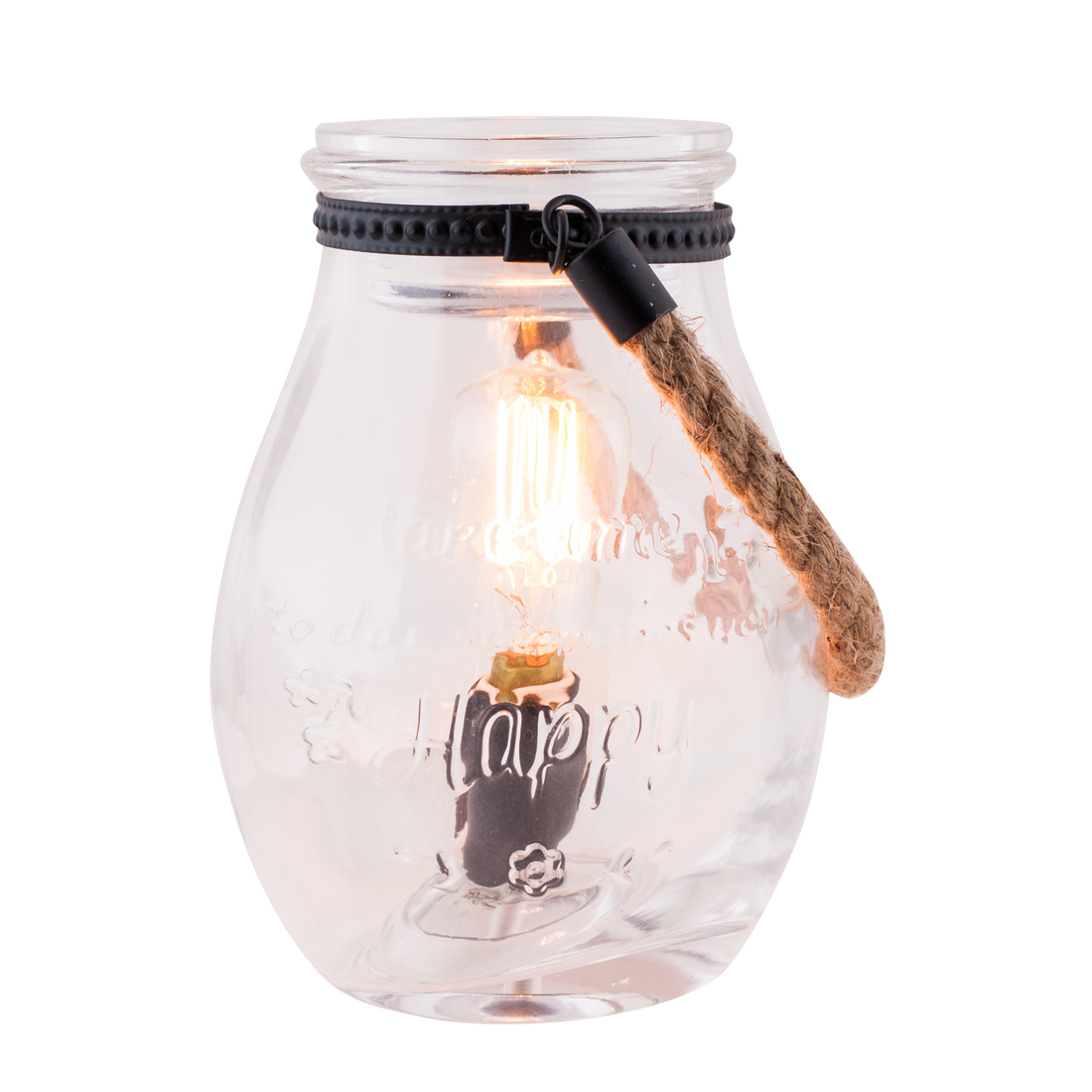 Clear glass jar with a light bulb inside on a white background