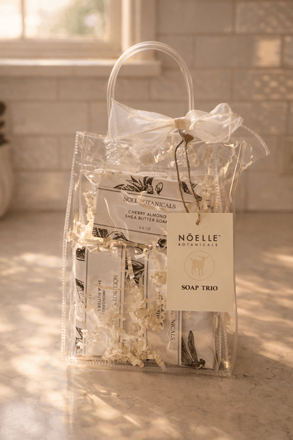 NOELLE Botanicals soap trio packaging with a clear bag on a light surface.