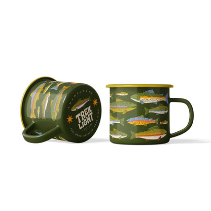 Green mug with fish design and matching cylindrical container on a white background