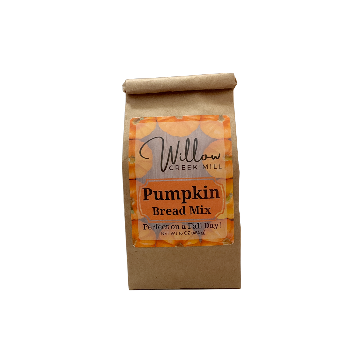 Bag of Willow Creek Mill pumpkin bread mix on a white background