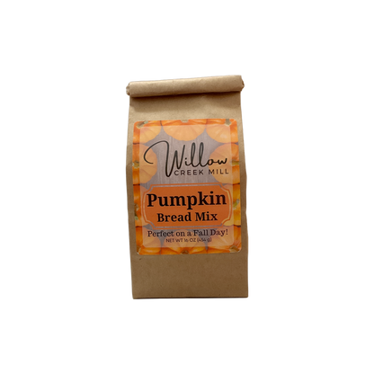 Bag of Willow Creek Mill pumpkin bread mix on a white background