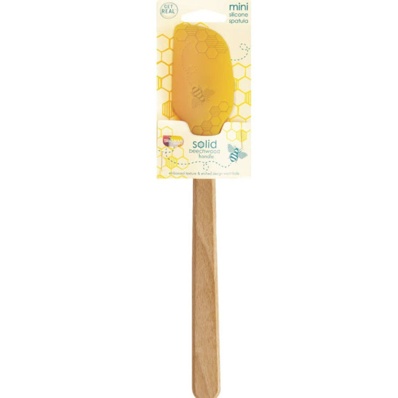 Yellow silicone spatula with wooden handle on a white background