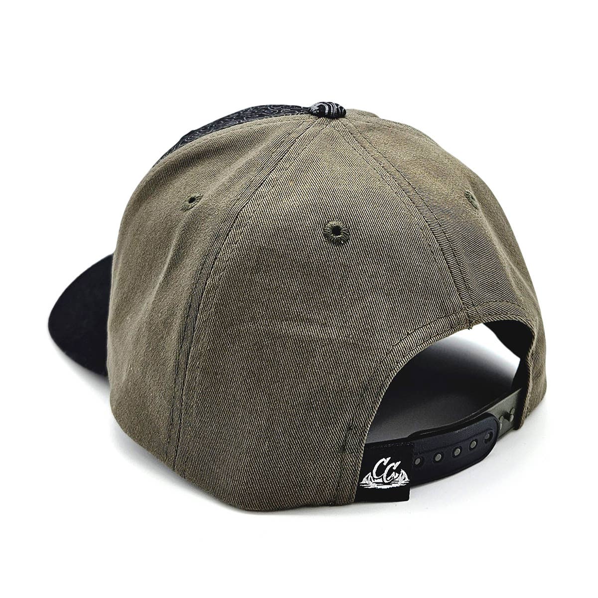 Back view of a green cap with black brim on a white background