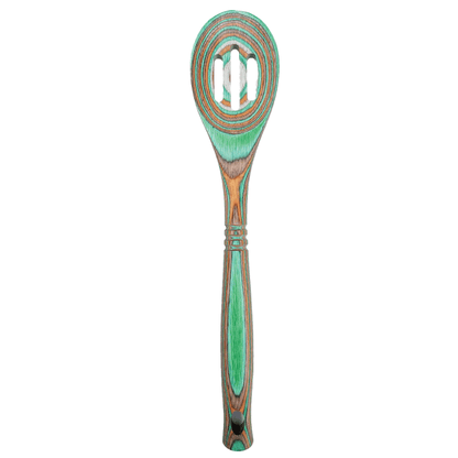Decorative wooden spoon with a green handle on a white background