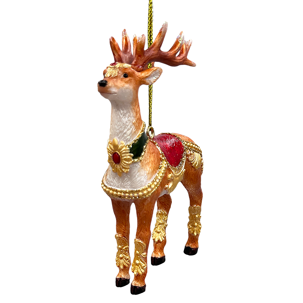 Decorative reindeer ornament with gold and red details on a white background