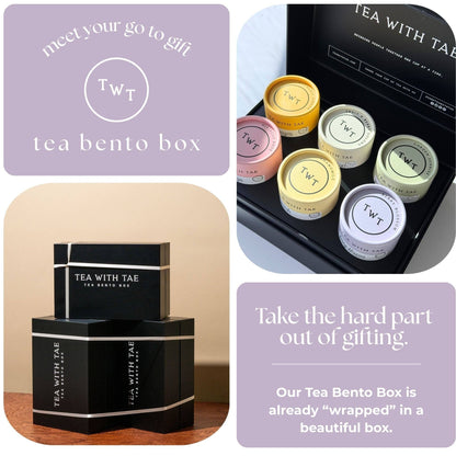 Tea bento box packaging with various tea containers and branded text.