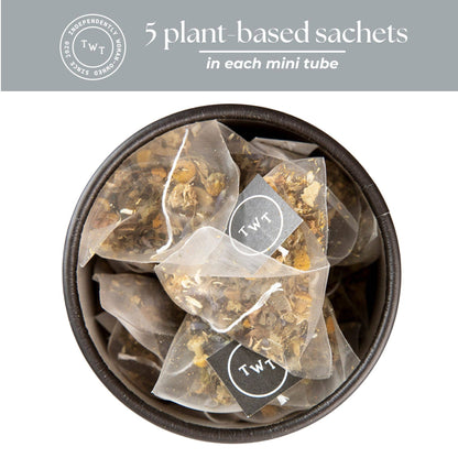 Tea bags in a mini tube with TWT branding on a white background
