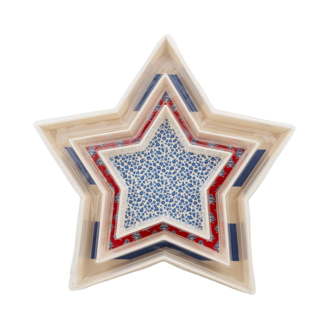 Star-shaped bamboo bowl set with a patterned center on a white background