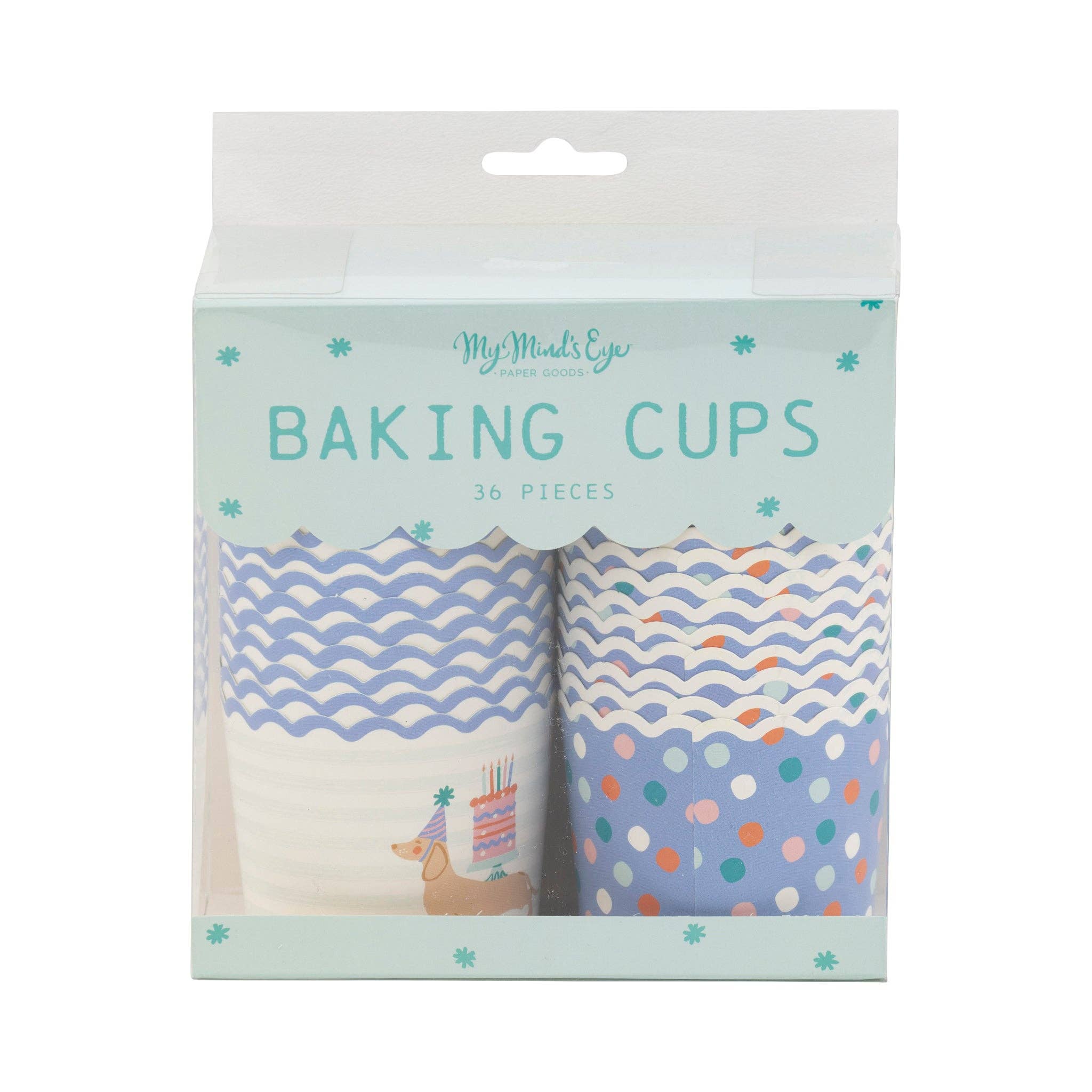 Packaging of baking cups with wavy and polka dot patterns on a light blue background.