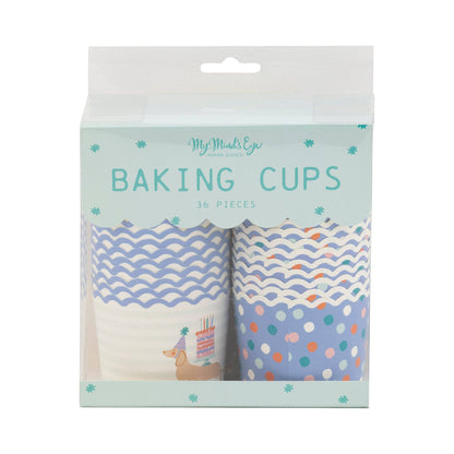 Packaging of baking cups with wavy and polka dot patterns on a light blue background.