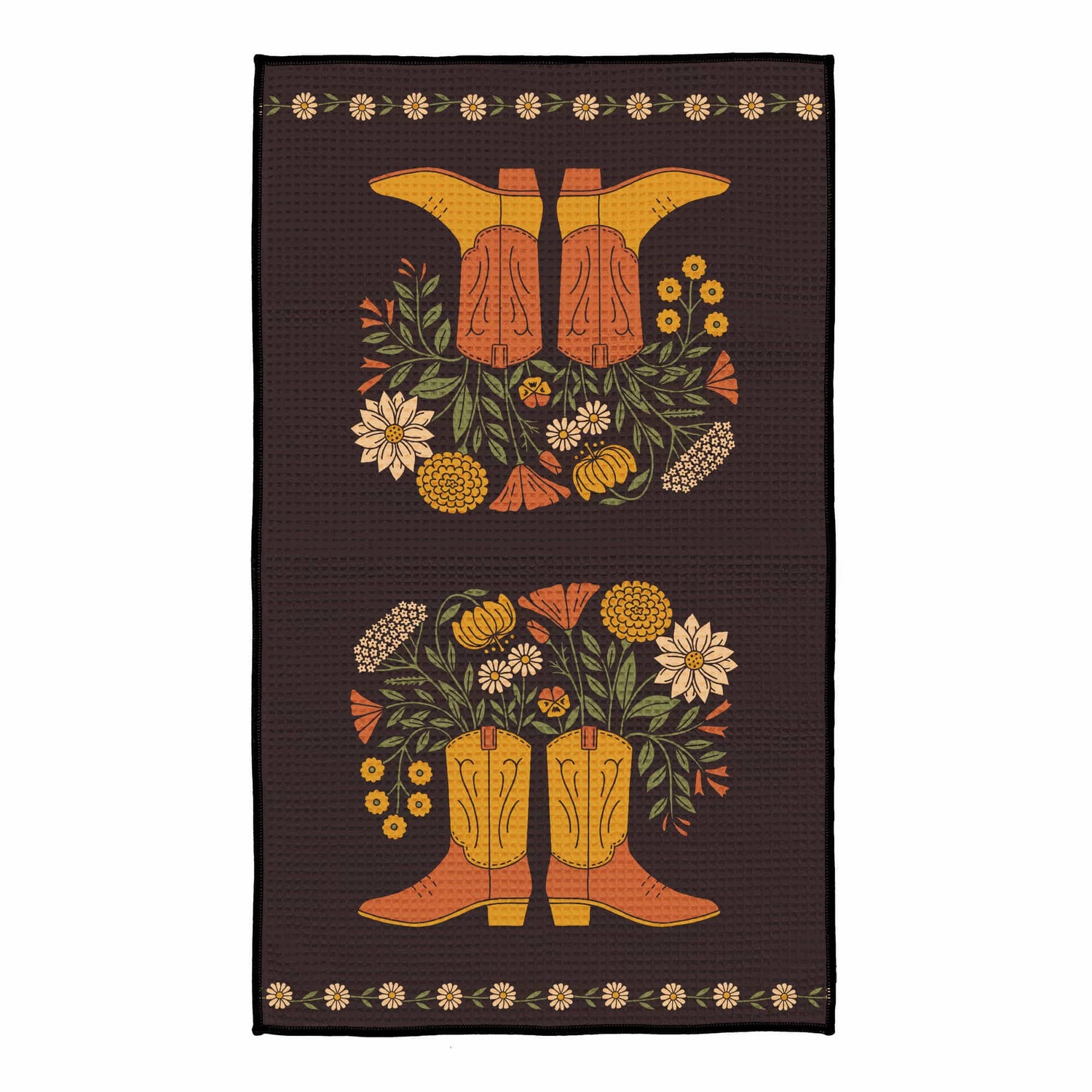 Decorative towel with cowboy boots and floral design on a brown background