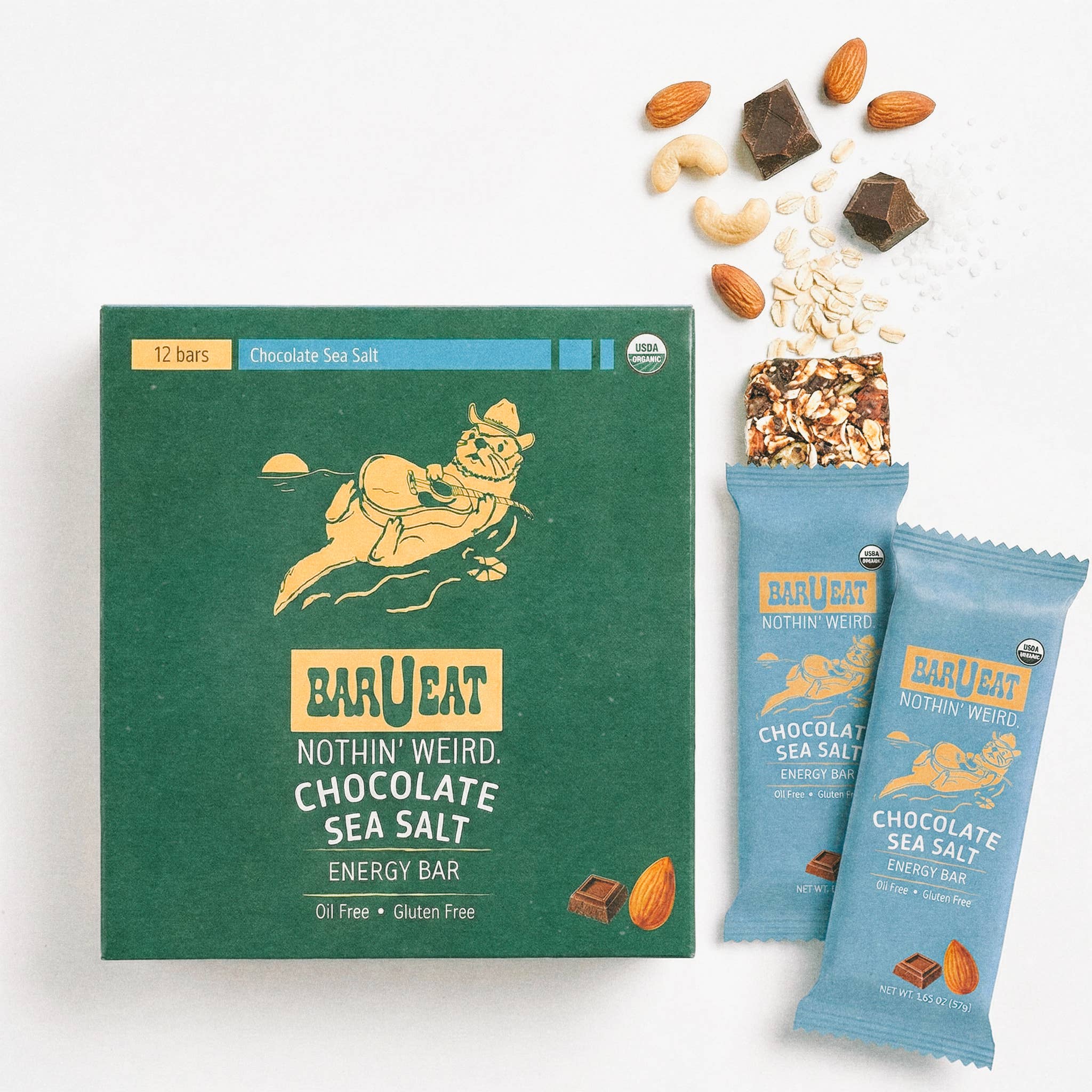 Bar-U-Eat chocolate sea salt energy bars packaging and bars on a white background