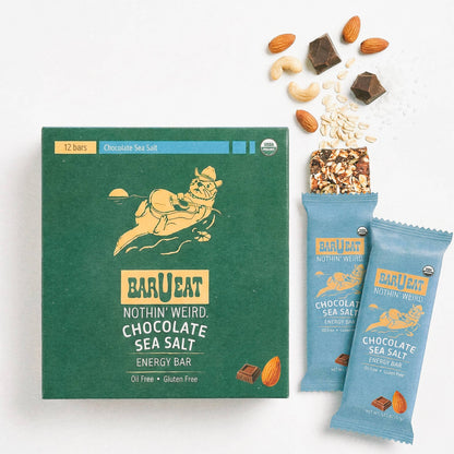 Bar-U-Eat chocolate sea salt energy bars packaging and bars on a white background