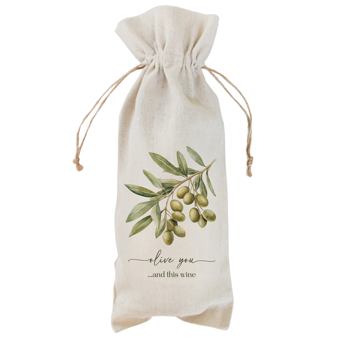 A natural beige linen wine bag with a drawstring closure, featuring a printed illustration of green olives on an olive branch and the text &