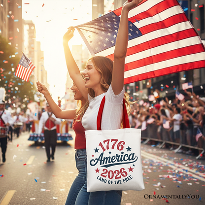Woman holding an American flag with a &
