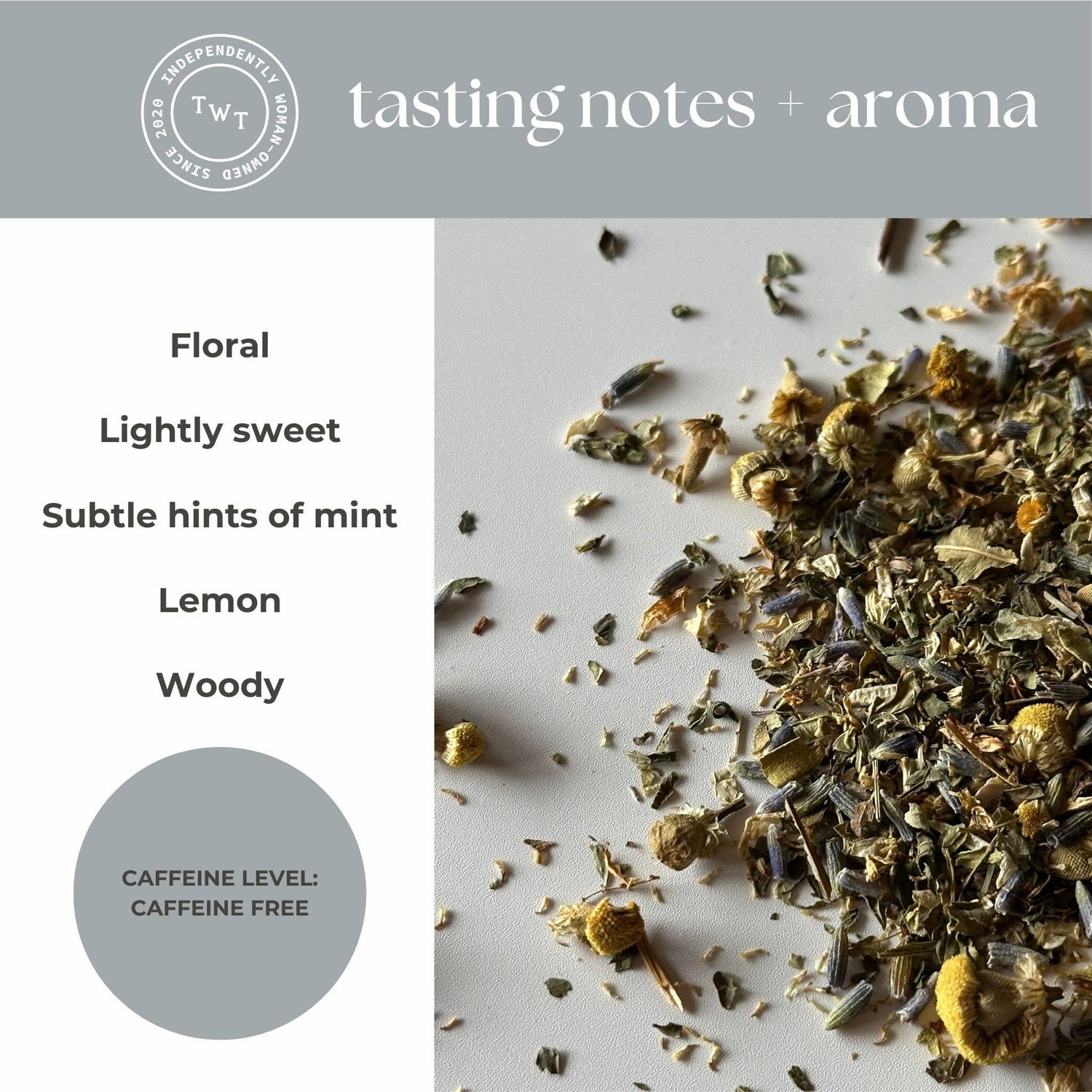 Tea leaves with tasting notes and aroma description on a white background