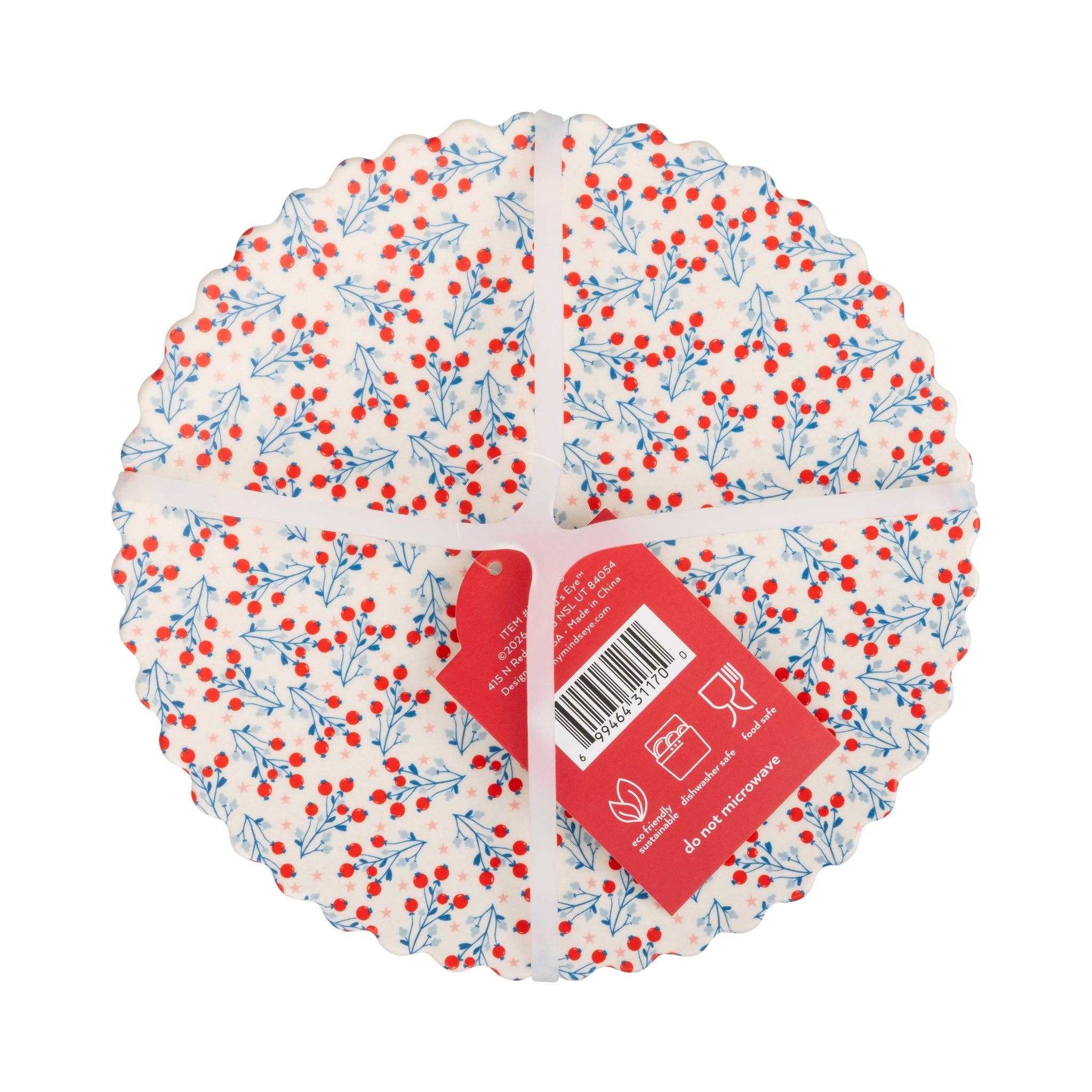 Pack of bamboo plates with red and blue pattern on a white background
