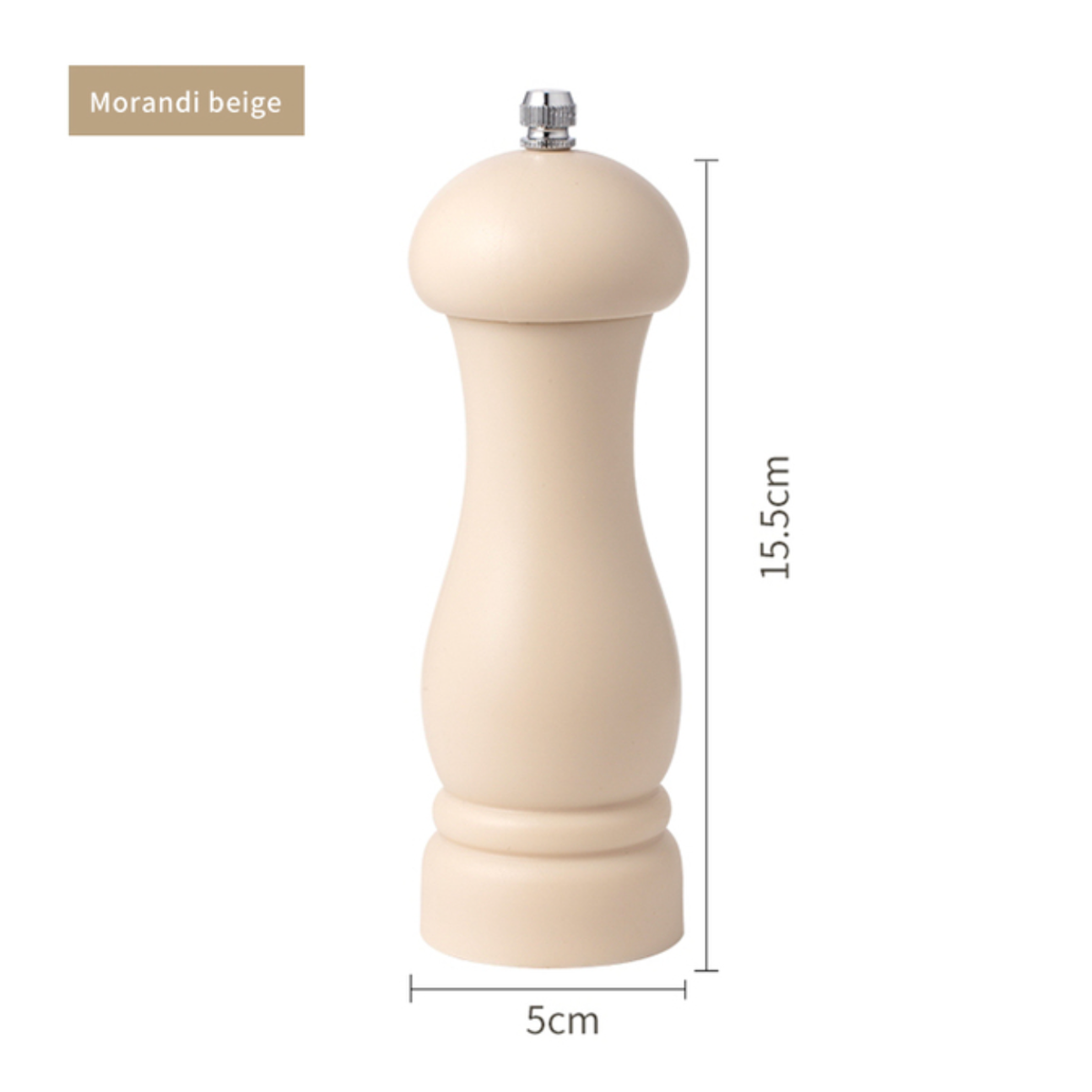 Beige pepper mill with dimensions on a white background
