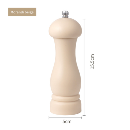 Beige pepper mill with dimensions on a white background