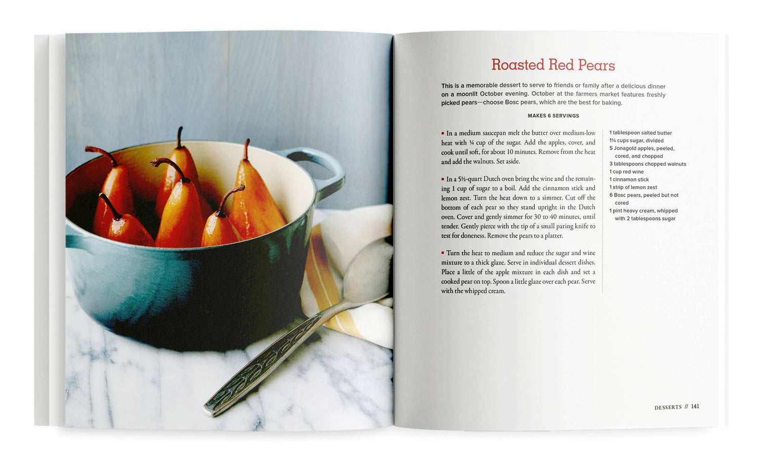 Open book showing a recipe for roasted red pears with an image of pears in a bowl.