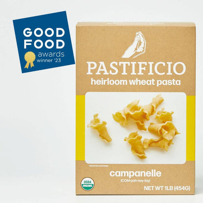 Box of Pastificio heirloom wheat pasta with Good Food Award badge on a white background