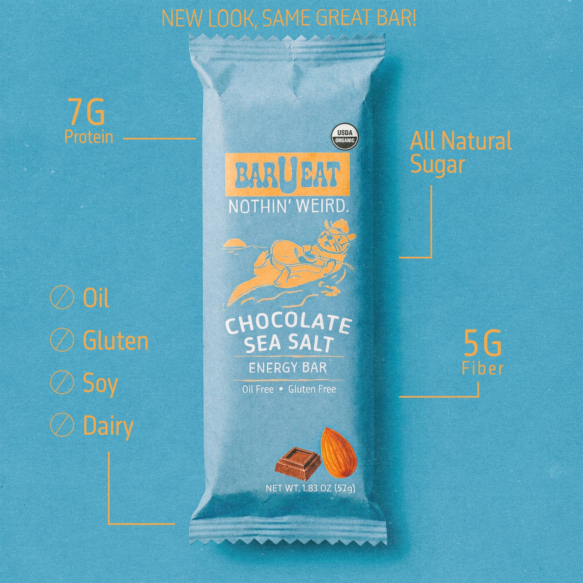 Bar U Eat chocolate sea salt energy bar packaging on a blue background with nutritional information.