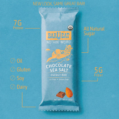 Bar U Eat chocolate sea salt energy bar packaging on a blue background with nutritional information.