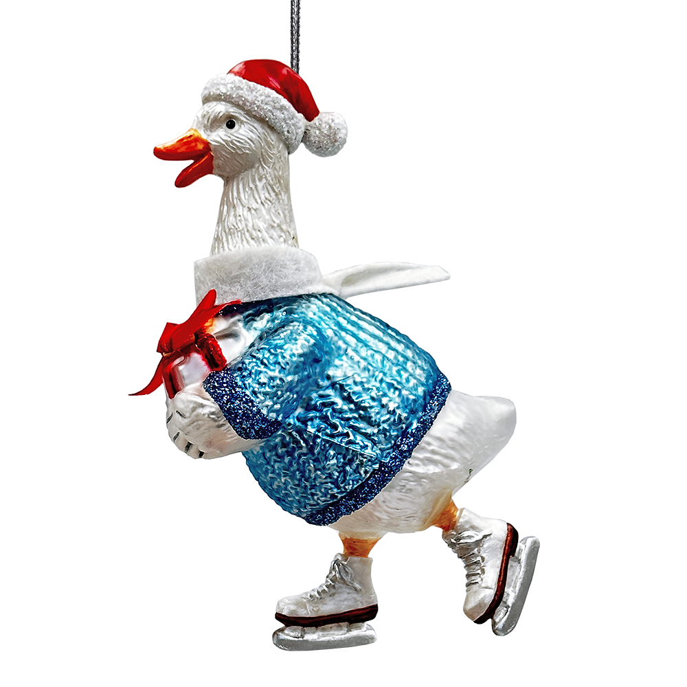 Decorative duck ornament wearing a Santa hat, blue sequin skirt, and ice skates on a white background.
