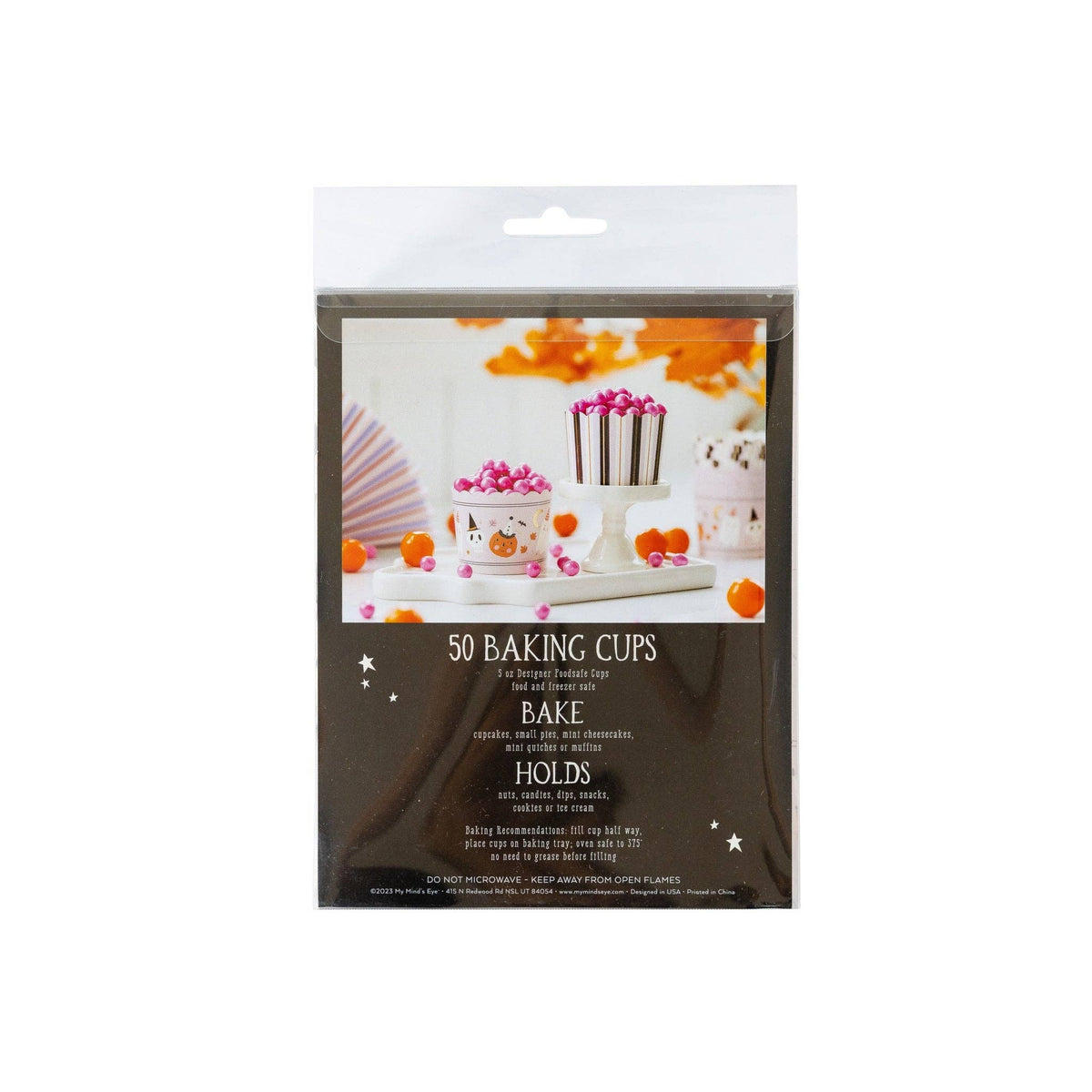 Pack of 50 baking cups in a clear plastic hanging bag with a printed front label showing a bakery-themed photo and product text.