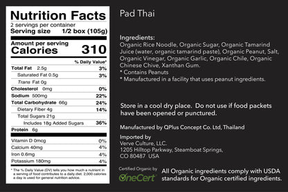 Nutrition facts label and ingredients list for Pad Thai on a black background