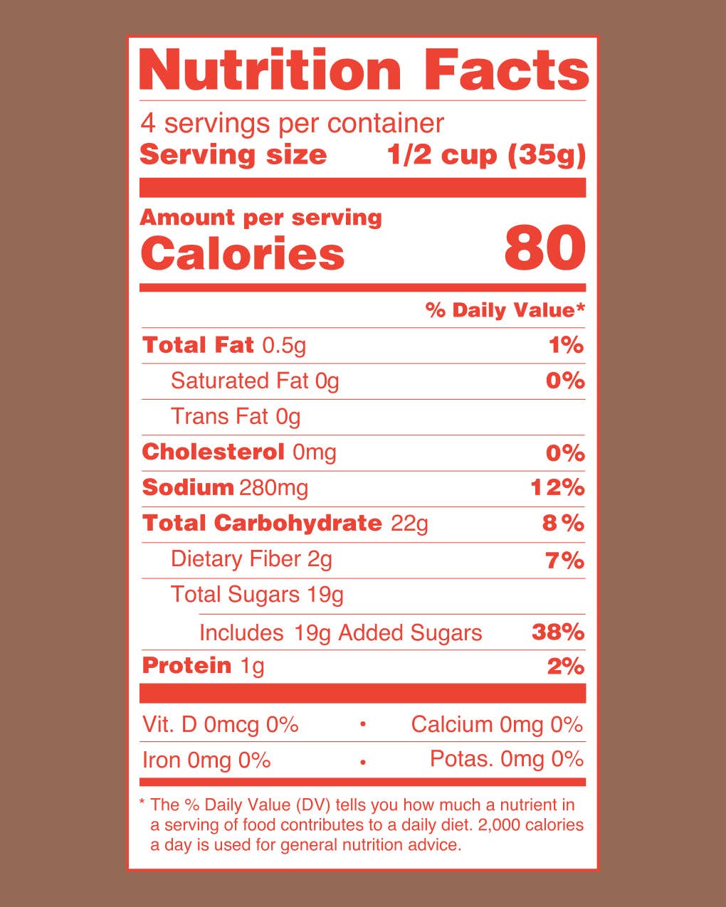 A Nutrition Facts label for a food product centered on a solid brown background. The label has a white background with red text and borders, showing serving size 1/2 cup (35g) and 80 calories per serving.