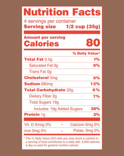 A Nutrition Facts label for a food product centered on a solid brown background. The label has a white background with red text and borders, showing serving size 1/2 cup (35g) and 80 calories per serving.