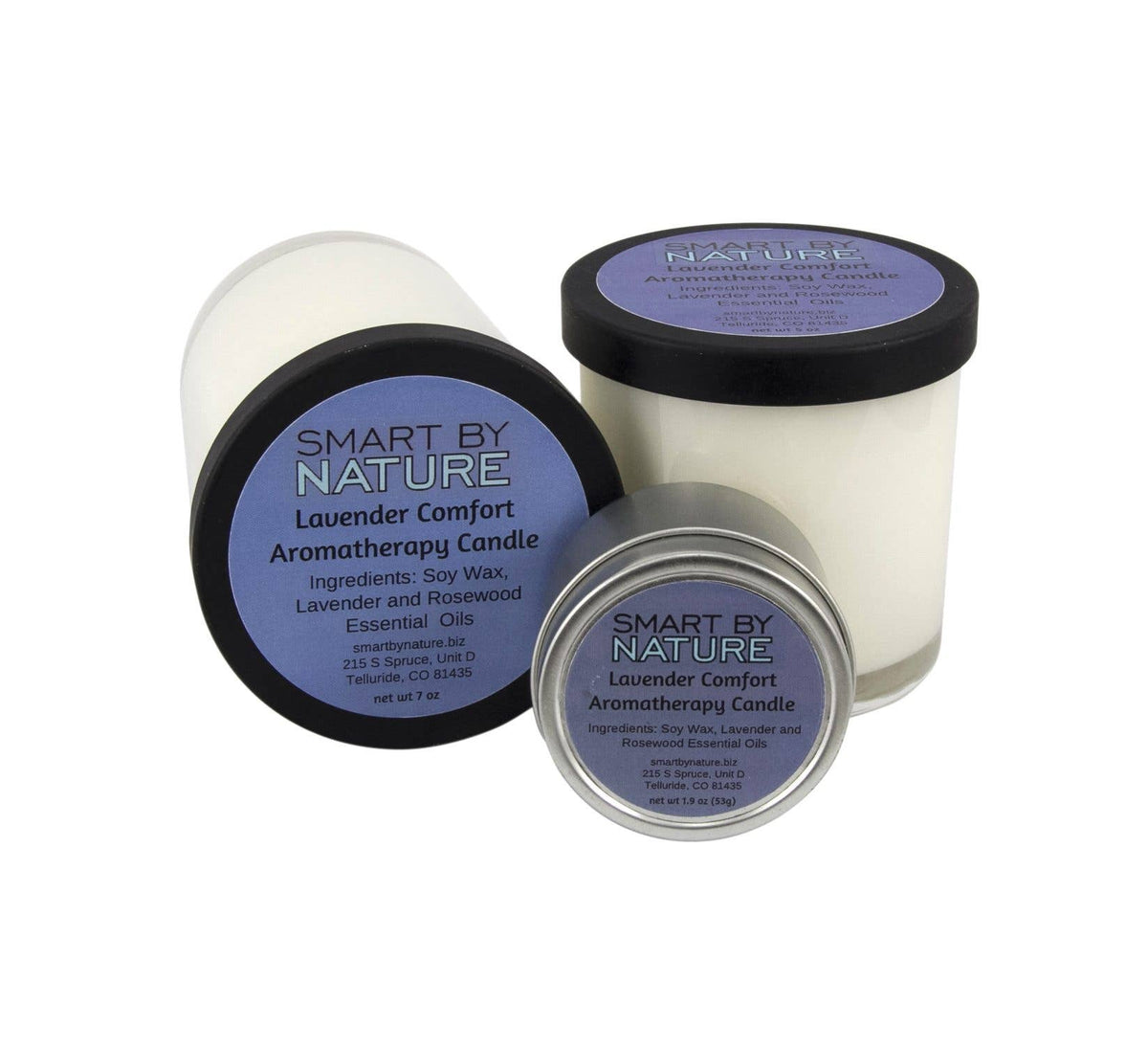 Three Smart By Nature Lavender Comfort Aromatherapy Candles shown on a plain white background, including one open jar and two closed jars with different lid styles.