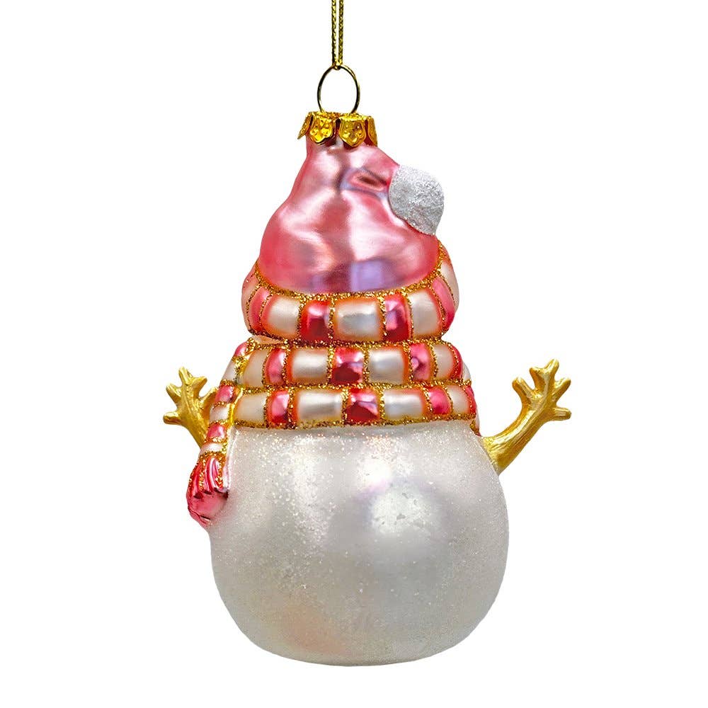 Decorative snowman ornament with pink hat and gold accents on a white background