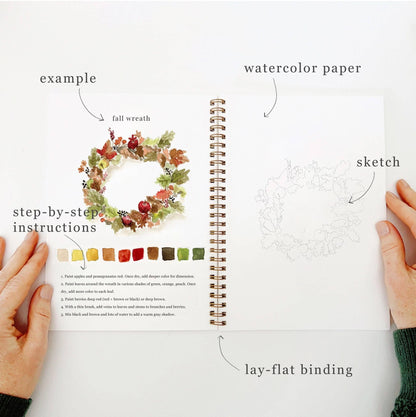 Open notebook with watercolor paper, sketch, and step-by-step instructions held by hands.