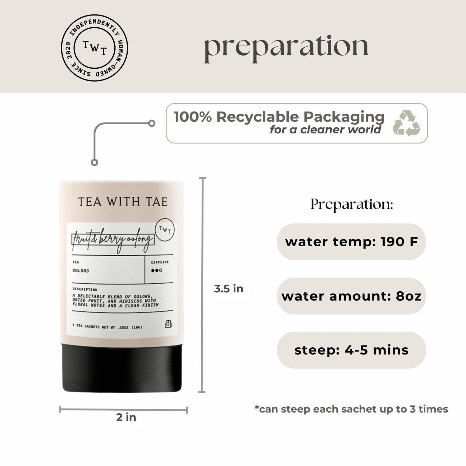 Tea package with preparation instructions and recyclable packaging label.