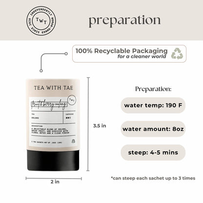Tea package with preparation instructions and recyclable packaging label.