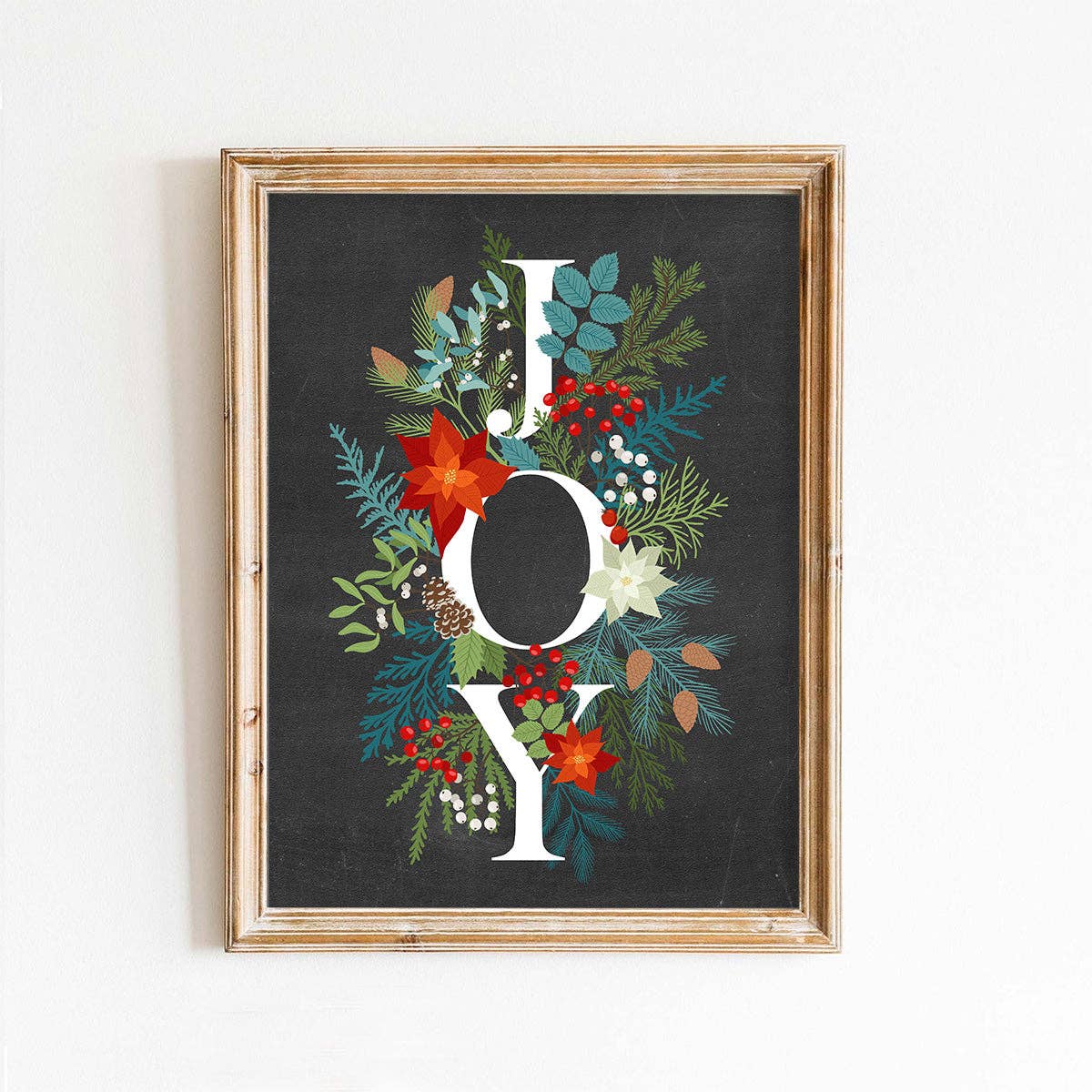Joy Foliage on Black Chalkboard Christmas Art Print