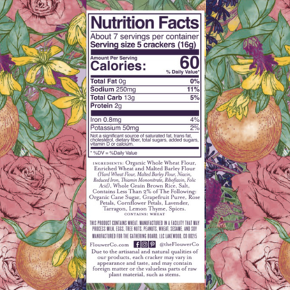 Nutrition facts label with floral and fruit illustrations on a colorful background