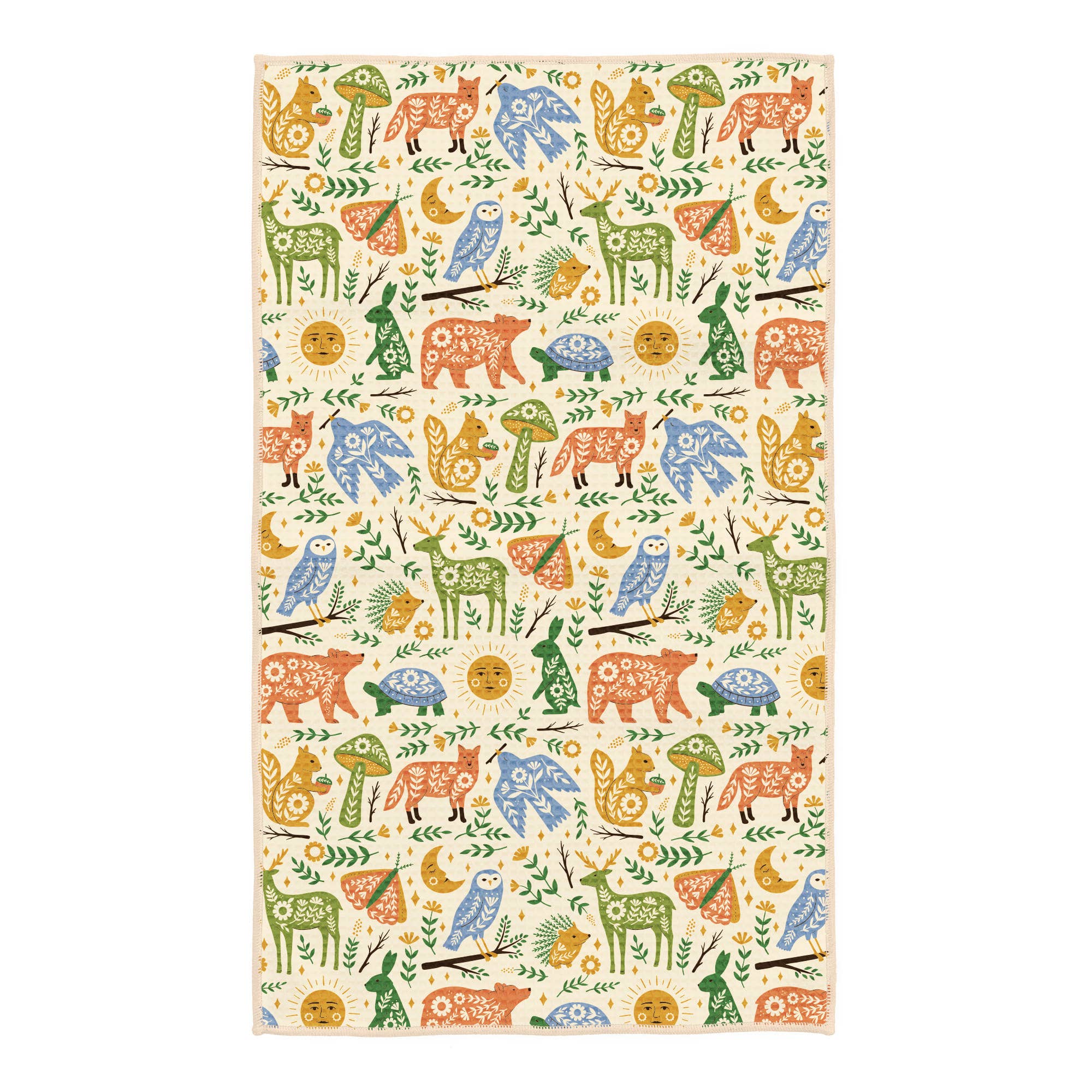 Patterned kitchen towel with colorful animal illustrations on a white background