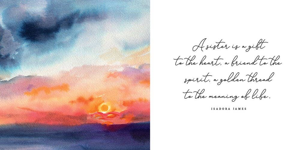 Sunset with colorful clouds and a quote about sisters on a white background