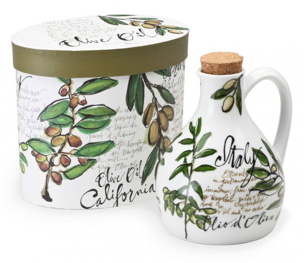 Olive-themed mug and oil container with olive designs and text on a white background