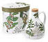 Olive-themed mug and oil container with olive designs and text on a white background