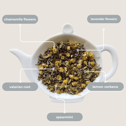 Tea leaves with labeled chamomile flowers, lavender flowers, valerian root, lemon verbena, and spearmint in a white teapot.